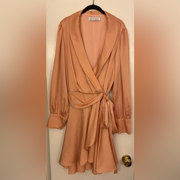 Mac Duggal Long Sleeve Wrap Dress Style 12514 Salmon Pink Size 12 - Picture 4 of 9